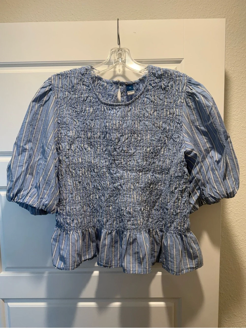Old Navy Blue and White Striped Smocked Peplum Top XL